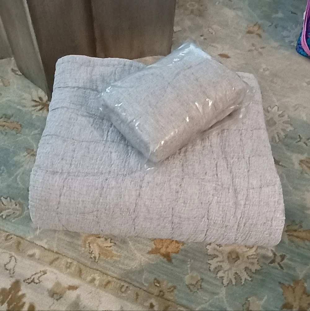 Pottery Barn Gray Cloud Quilt + 2 Euro Shams